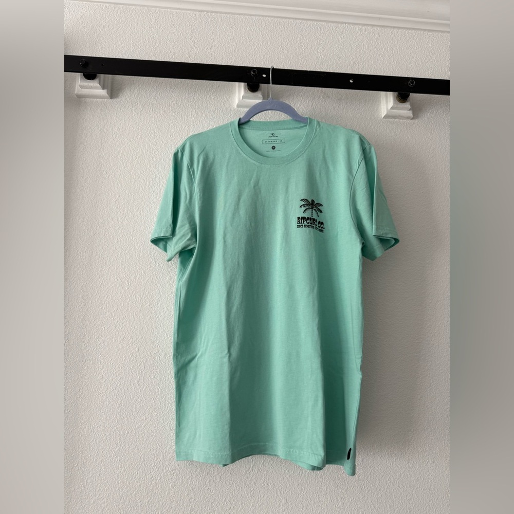 Surfing t-shirt, mint green with surf design on back, brand logo on pocket area